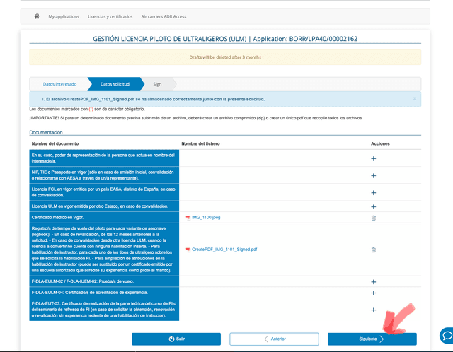 Vista de documentos adjuntados correctamente