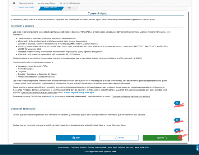 Pantalla de confirmaciones finales - Marcar todo SÍ